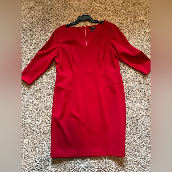 Lauren by Ralph Lauren Red Structured  & Fitted V Neck Dress Size 18 - Picture 11 of 16